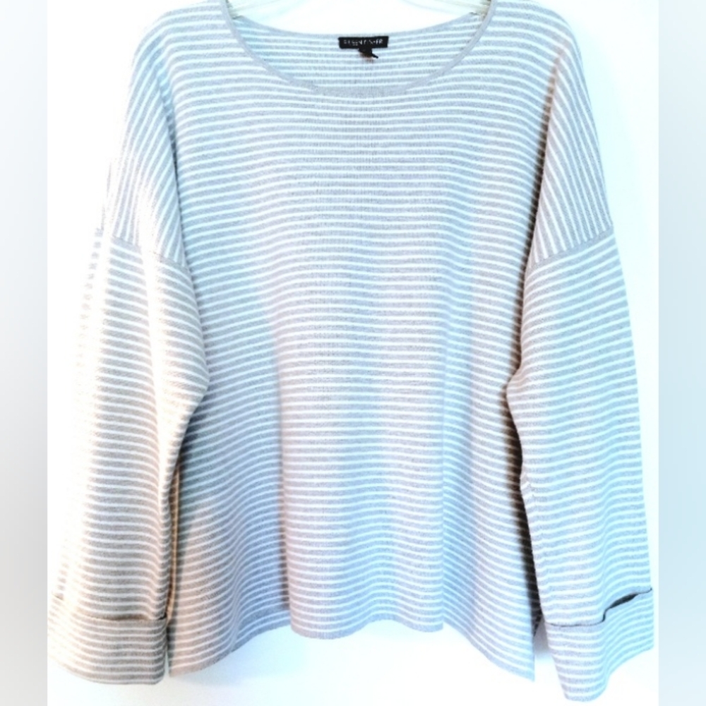 EILEEN FISHER Relaxed Gray and White Boxy Cotton/Silk Knit Pullover Size Large